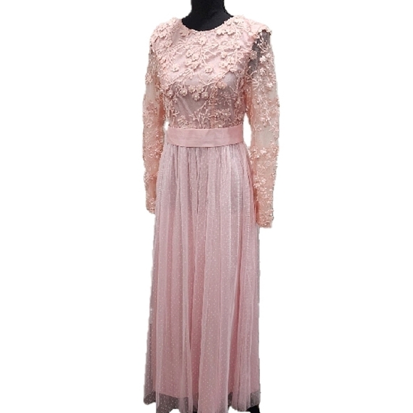 Belle Embroidered Applique Net Panel Pink Bridemaid Dress Sheer Sleeves Size 4 - Picture 1 of 10